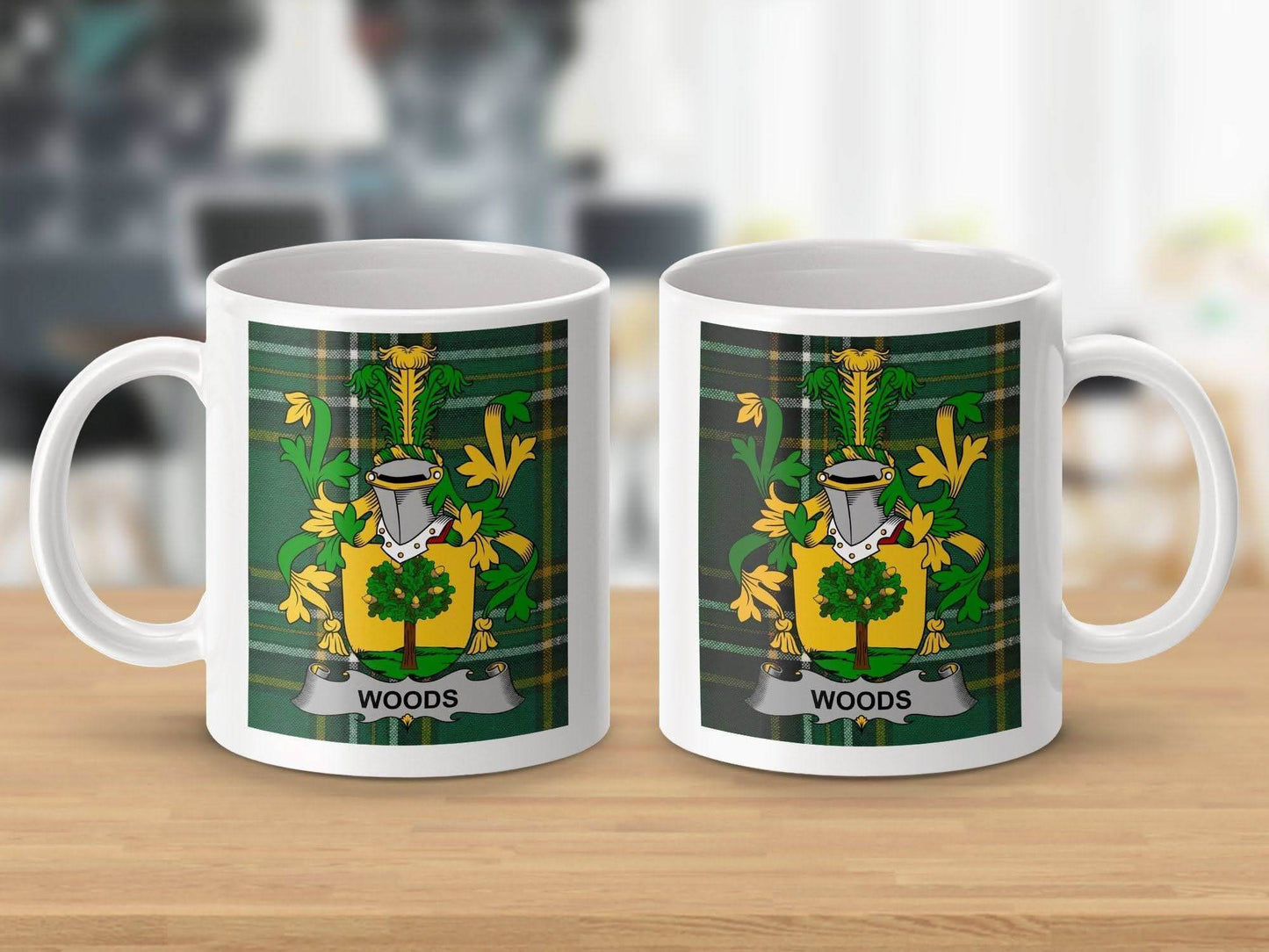 Woods Surname Family Crest Irish Tartan Mug - Celtic Ancestry Gifts