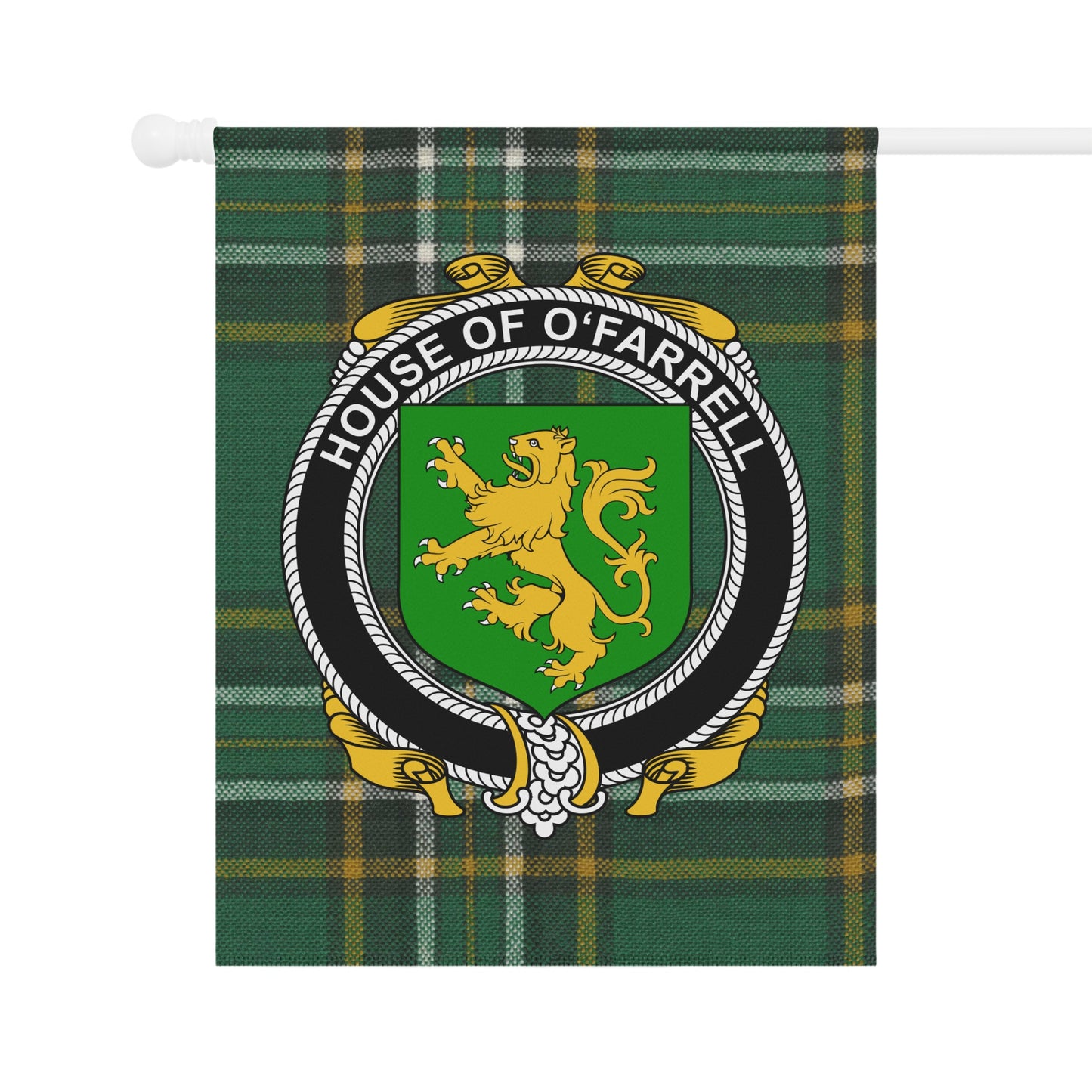 House of O'Farrell Lion Shield Green Plaid Banner