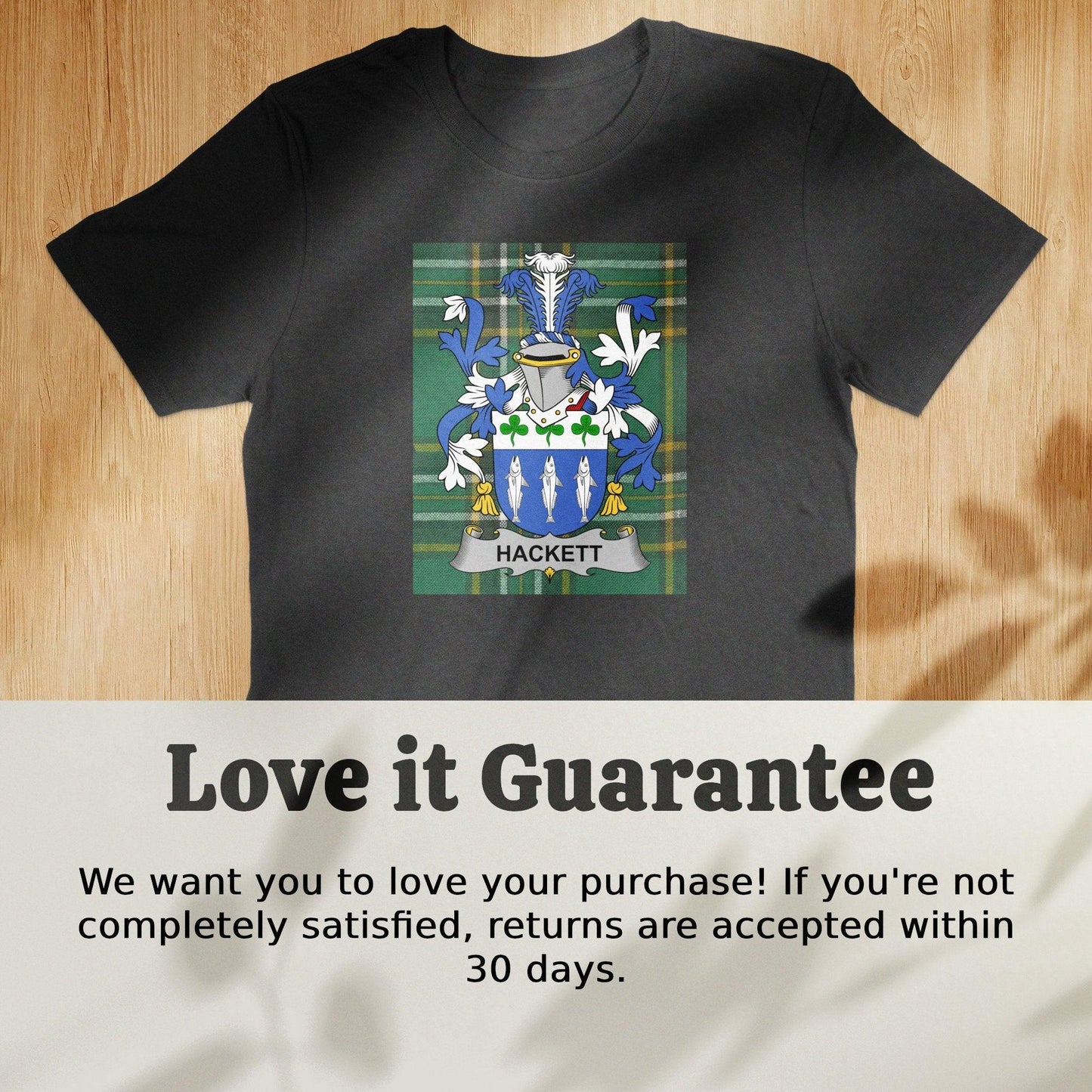 Hackett Family Crest on Irish Tartan Background T-Shirt - Celtic Ancestry Gifts