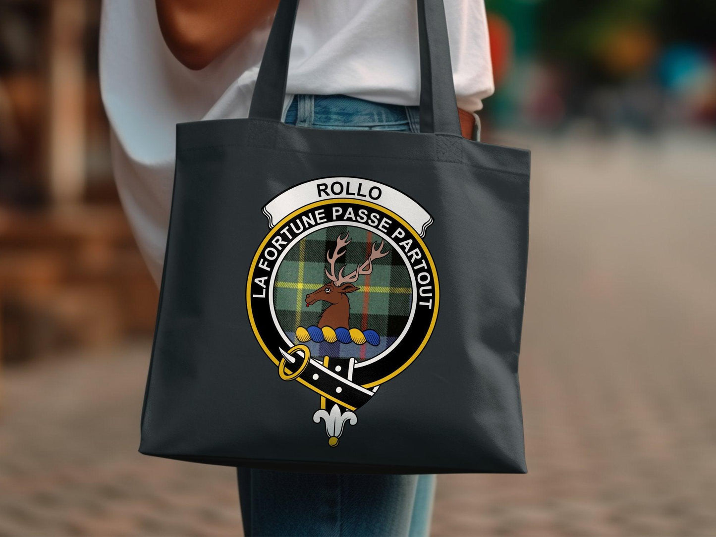 Rollo Scottish Clan Crest Tartan Tote Bags - Celtic Ancestry Gifts
