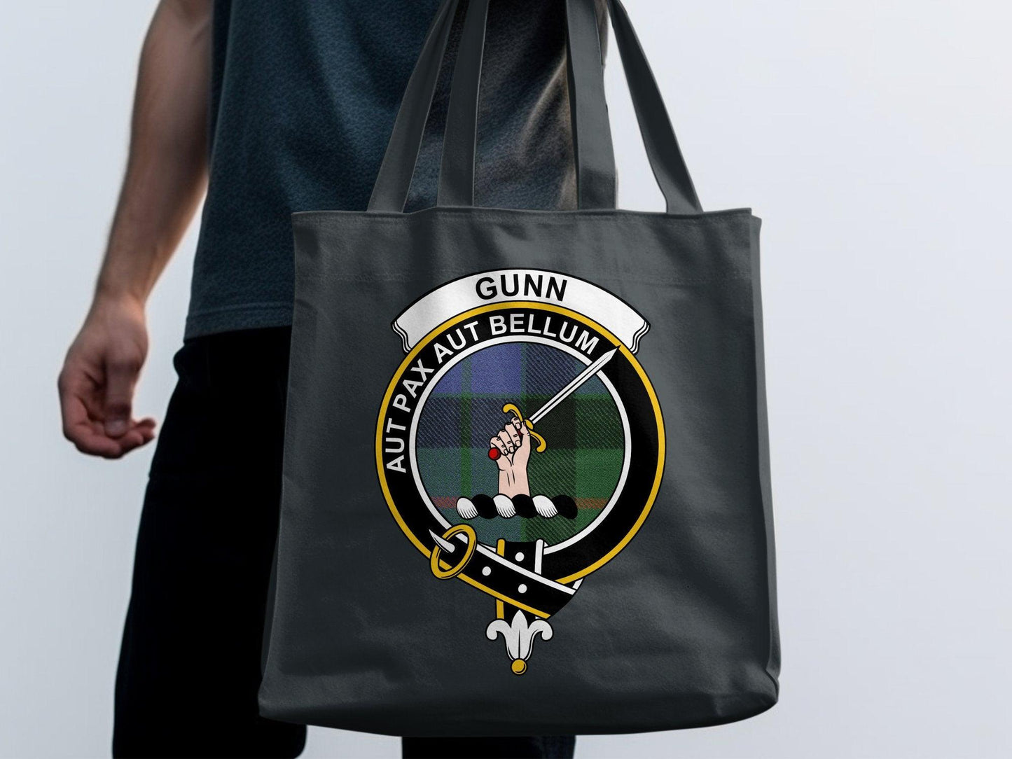 Gunn Scottish Clan Crest Tartan Tote Bags - Celtic Ancestry Gifts
