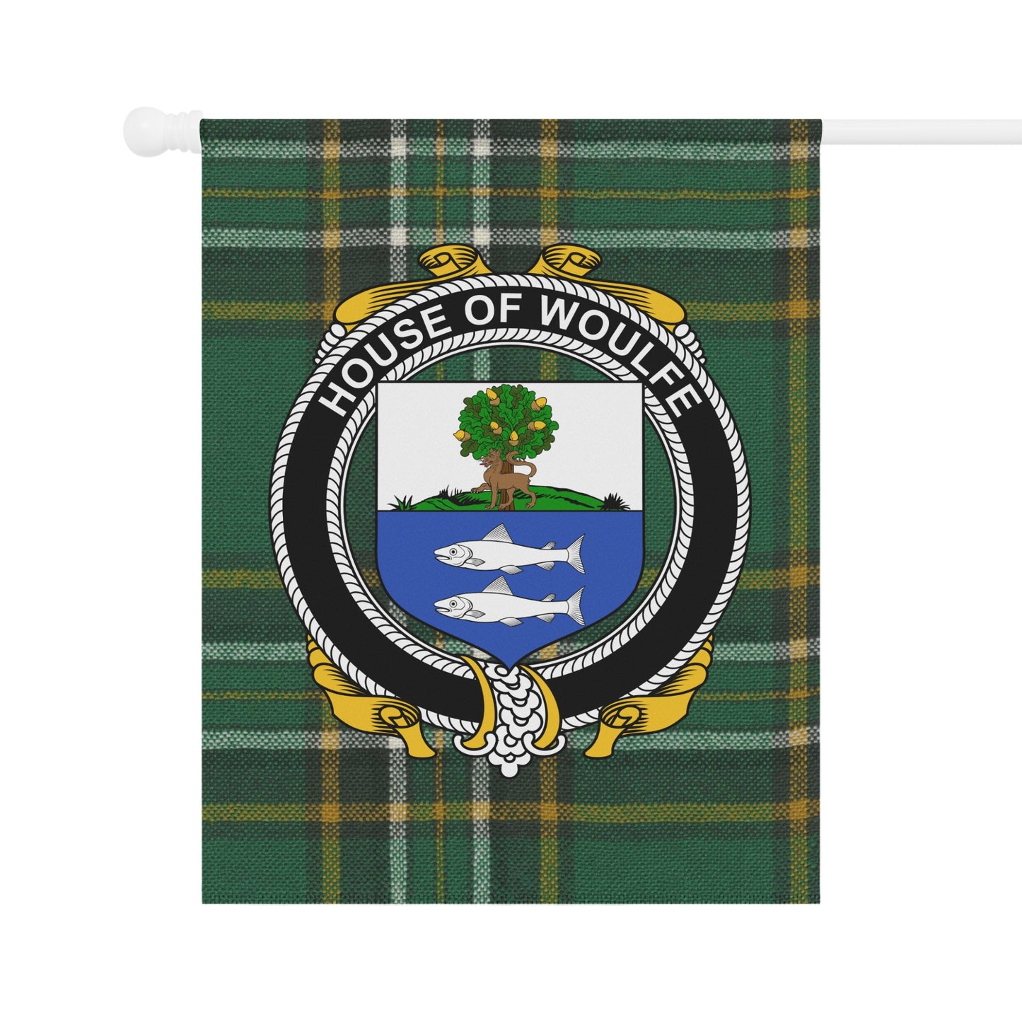 House of Woulfe Family Crest on Green Checkered Flag