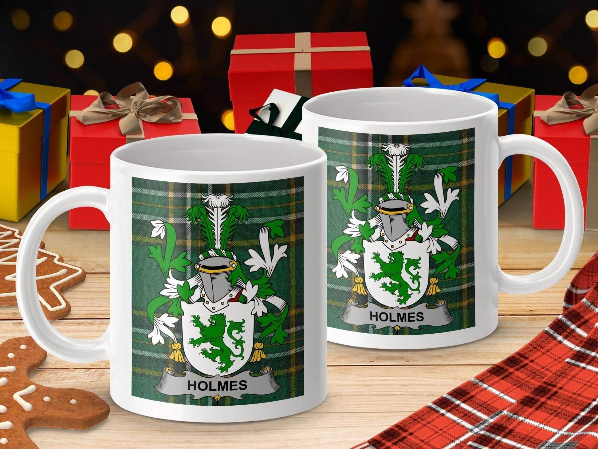 Holmes Surname Family Crest Irish Tartan Mug - Celtic Ancestry Gifts