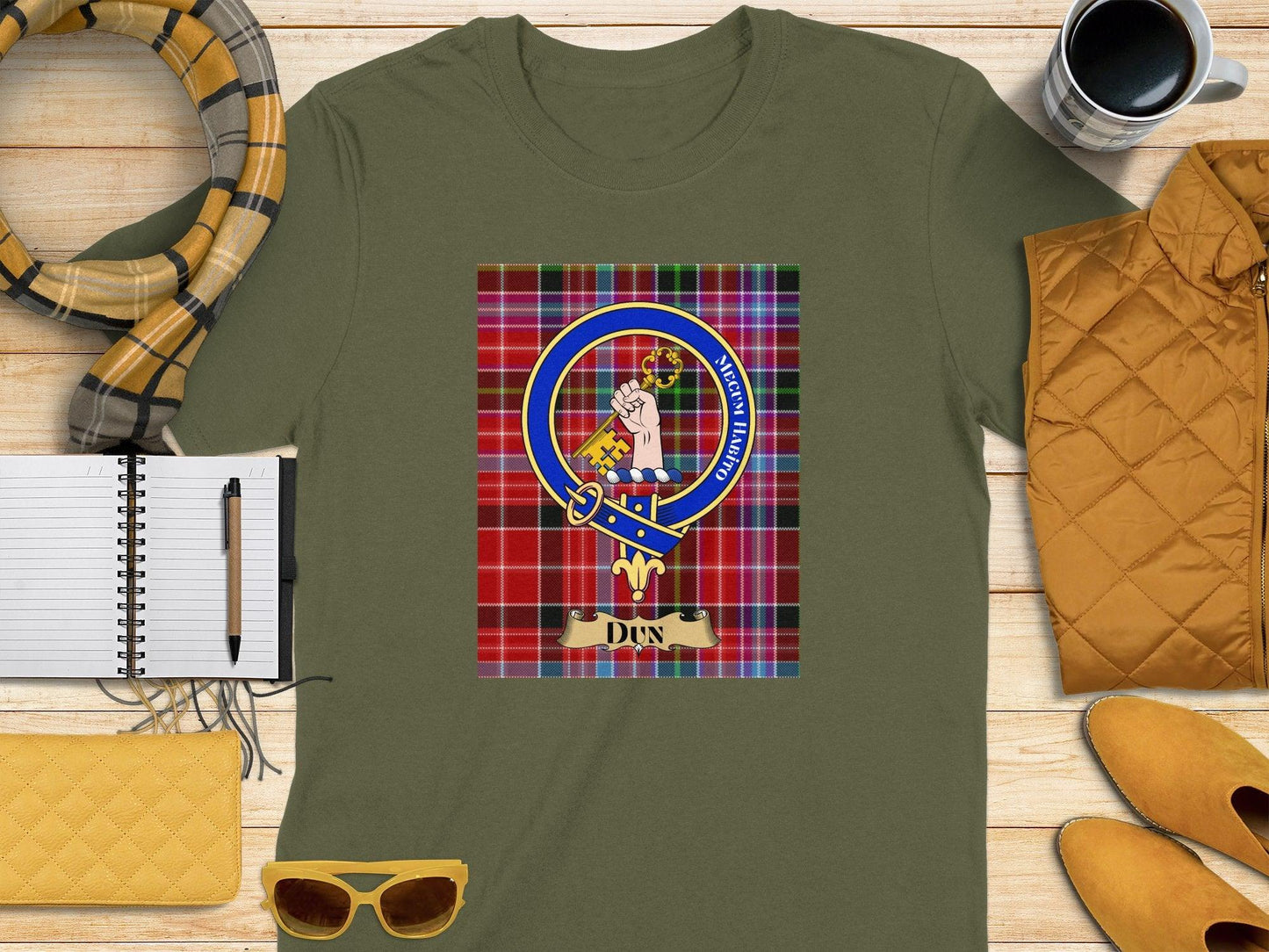 Scottish Clan Dunn Tartan Crest Graphic T-Shirt, Casual Unisex Highland Apparel