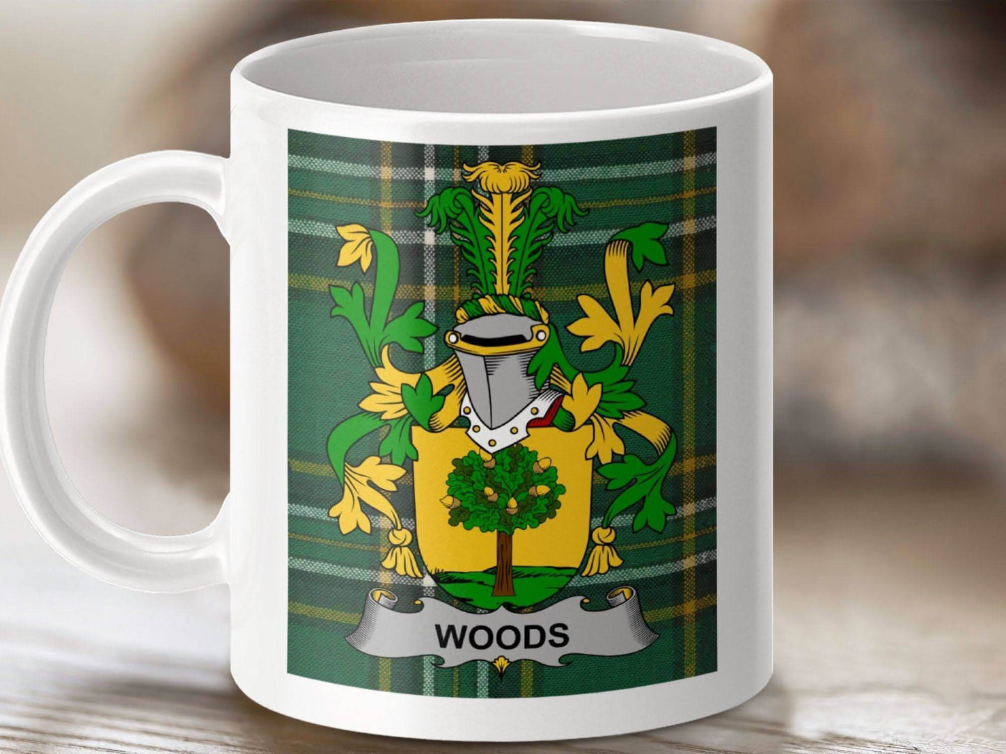 Woods Surname Family Crest Irish Tartan Mug - Celtic Ancestry Gifts