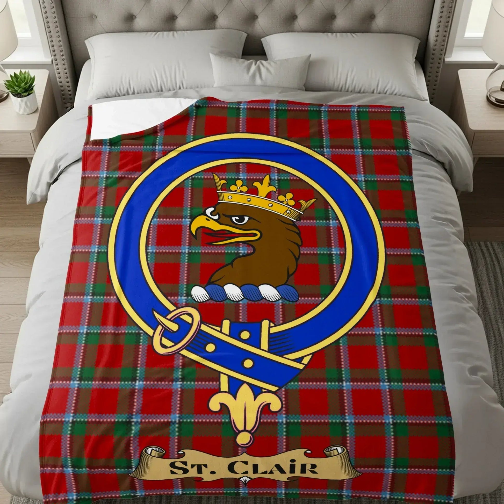St. Clair Family Crest on Tartan Pattern Bedding product