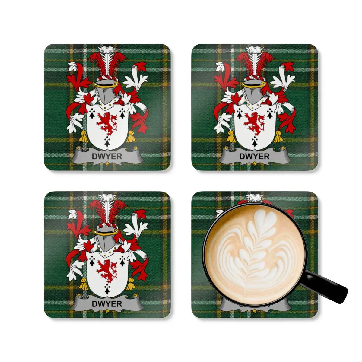 Personalized Dwyer Family Crest Plaid Coasters product type