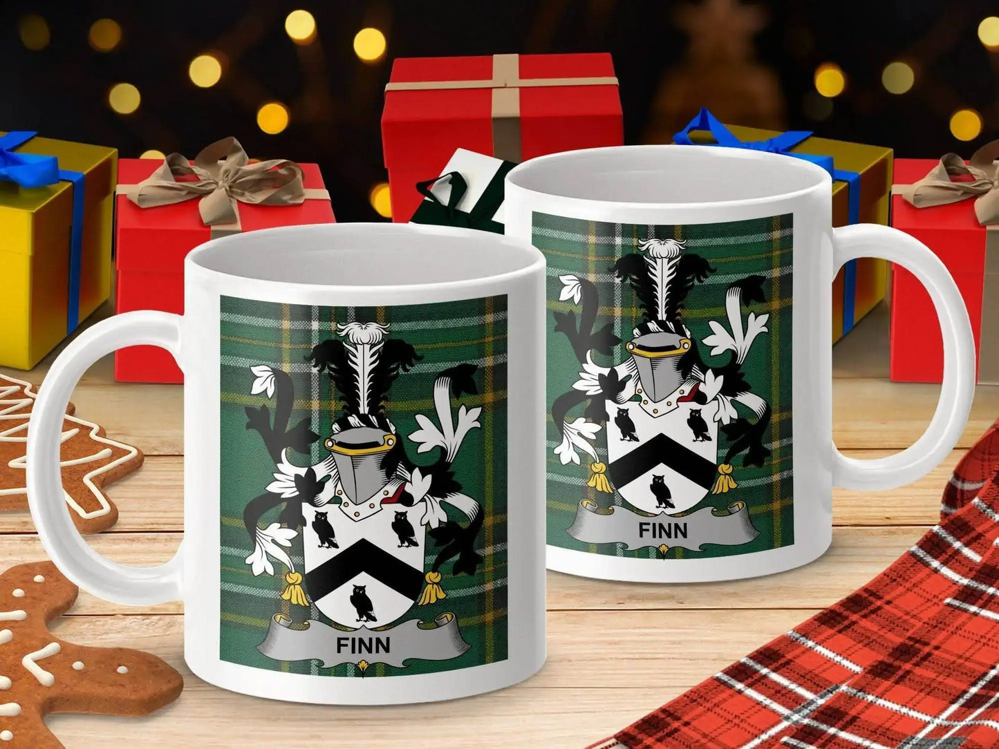 Finn Surname Family Crest on Irish National Tartan Mug - Celtic Ancestry Gifts