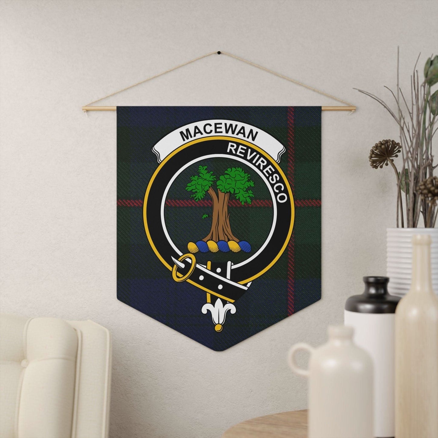 MacEwan Clan Reviresco Tree and Swords Wall Pennant - Celtic Ancestry Gifts
