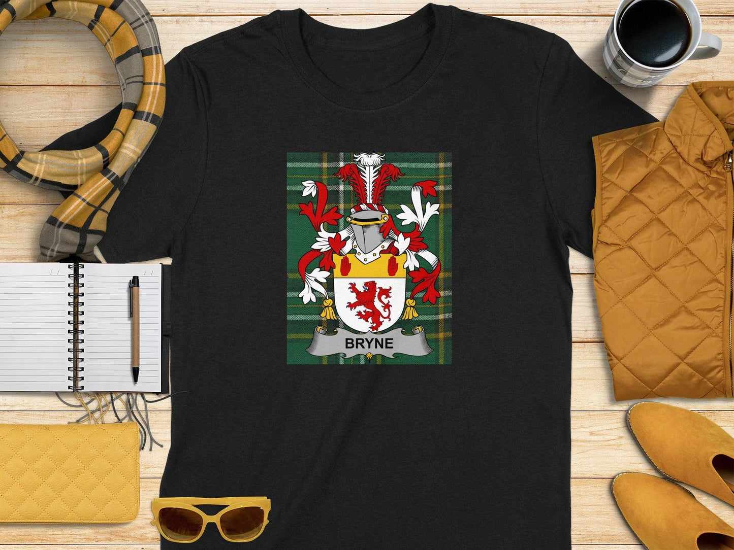 Bryne Family Crest on Irish Tartan Background T-Shirt - Celtic Ancestry Gifts