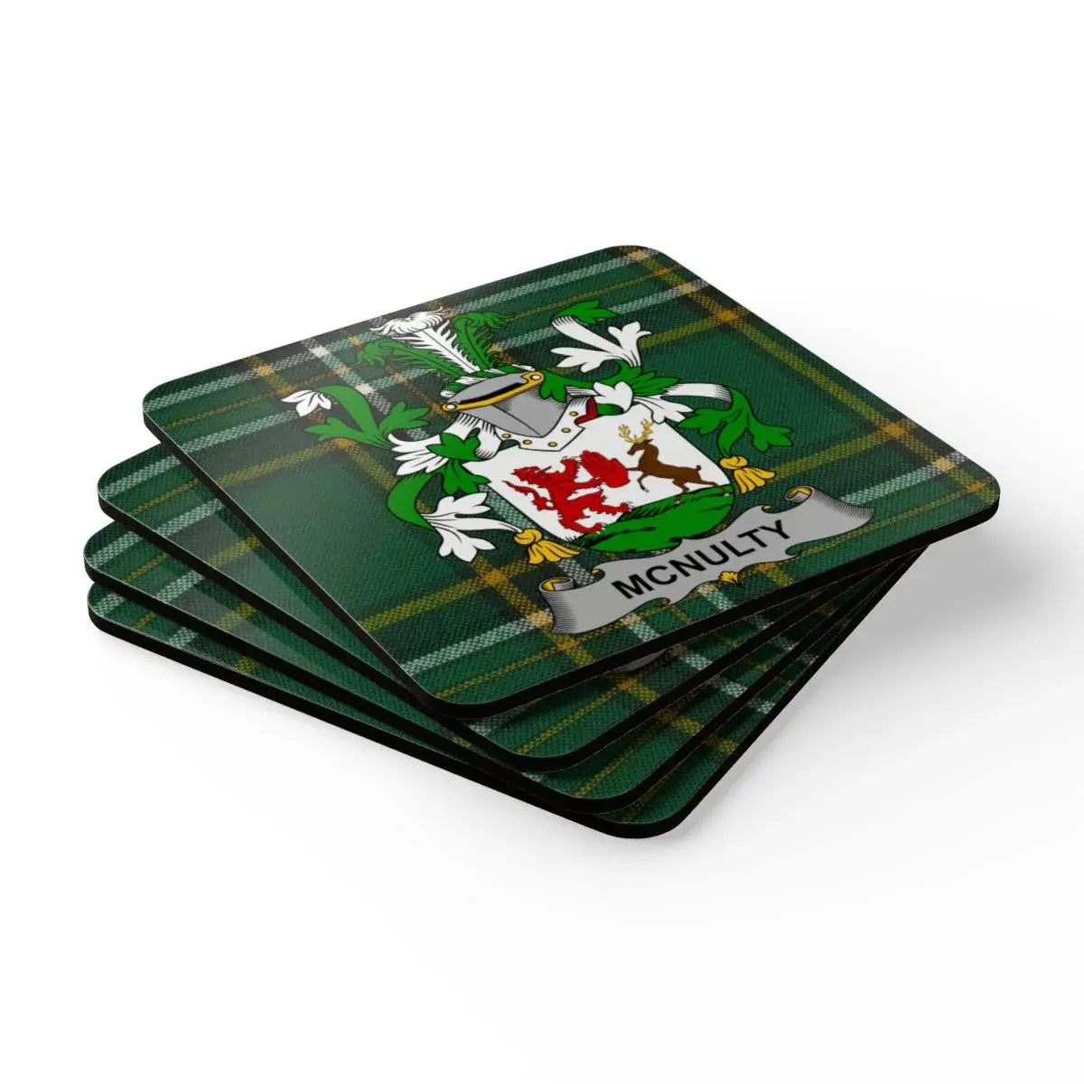 McNulty Family Crest on Green Tartan Coasters product