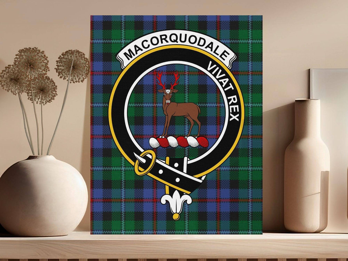 MacQuorquodale Crest Vivat Rex Scottish Tartan Canvas - Celtic Ancestry Gifts