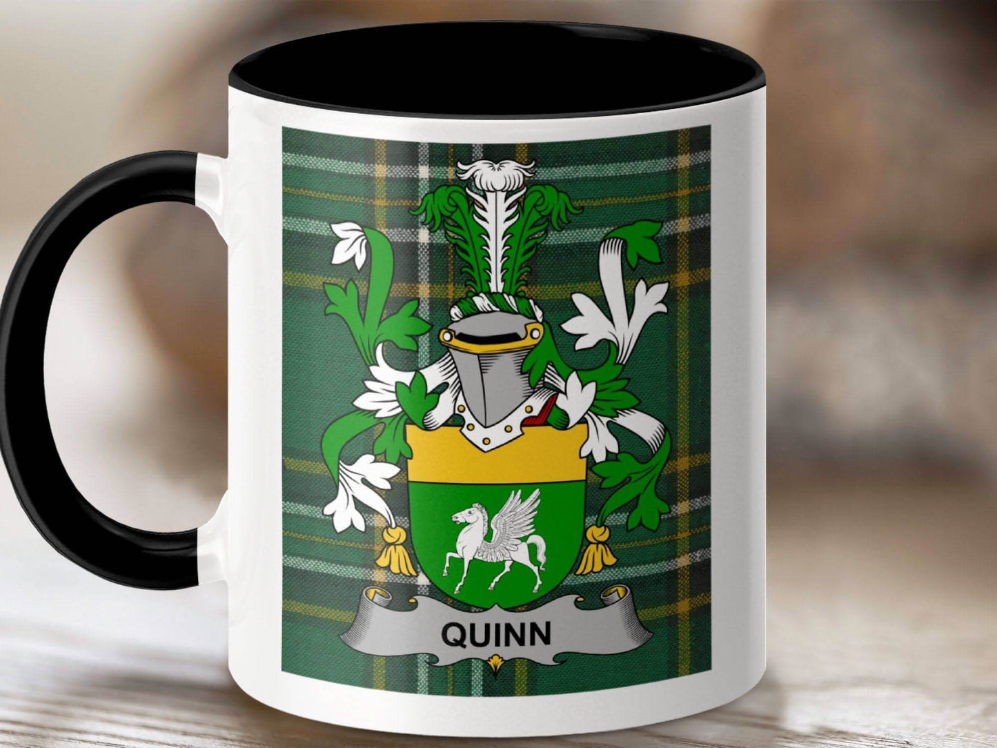 Quinn Surname Family Crest Irish Tartan Mug - Celtic Ancestry Gifts
