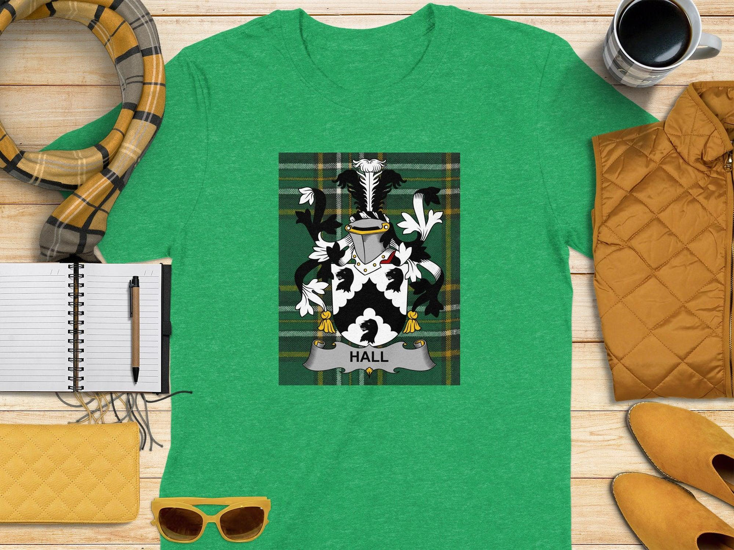 Hall Family Crest Irish National Tartan Background T-Shirt - Celtic Ancestry Gifts