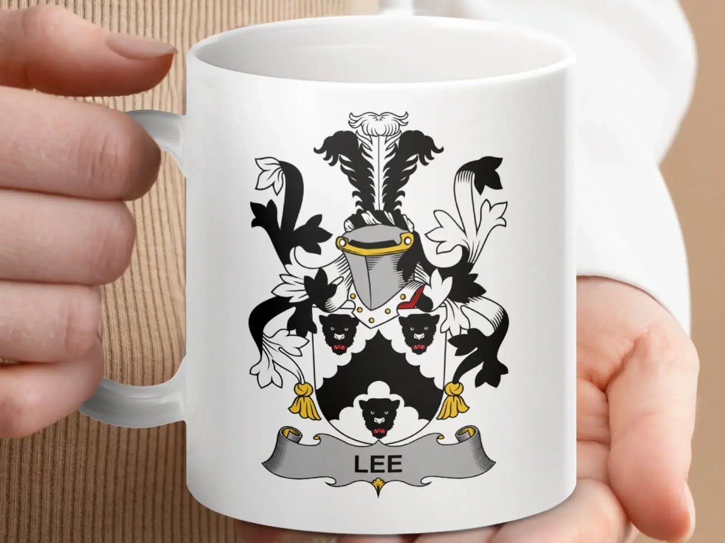 Lee Surname Irish Family Crest Coat of Arms Heraldry mug - Celtic Ancestry Gifts