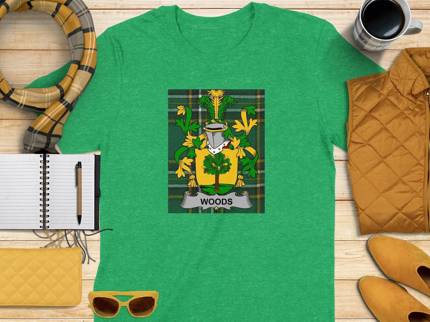 Woods Family Coat of Arms Irish Tartan T-Shirt - Celtic Ancestry Gifts