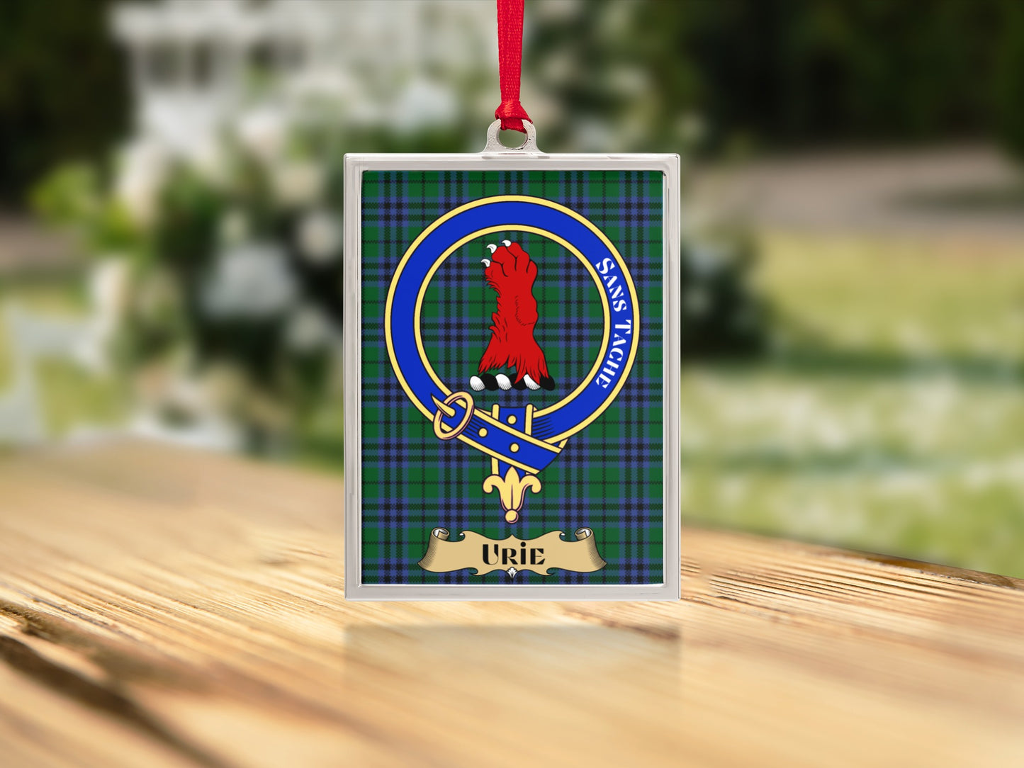 Clan Urie Crest Plaid Ornament with Red Ribbon product