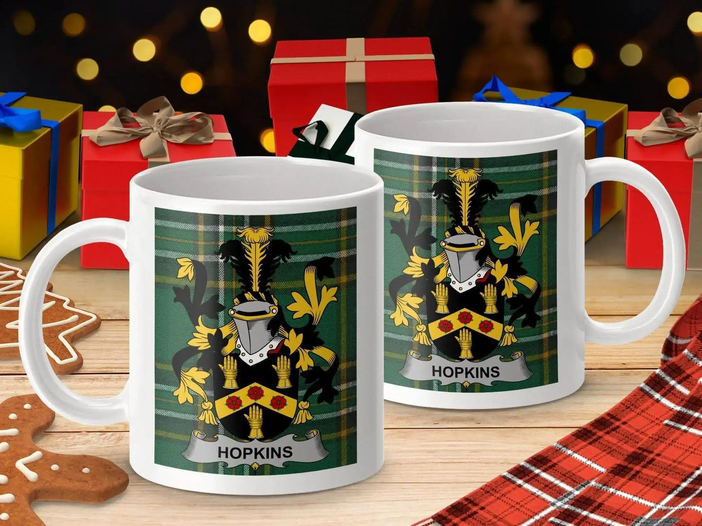 Hopkins Surname Family Crest Irish Tartan Mug - Celtic Ancestry Gifts