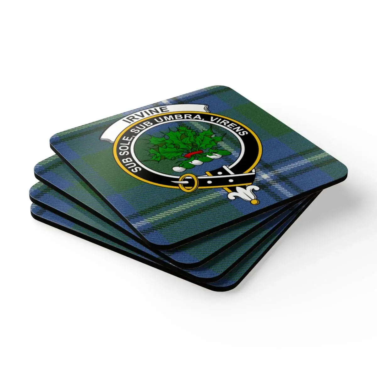 Irvine Crest on Blue Tartan Pattern Coaster product