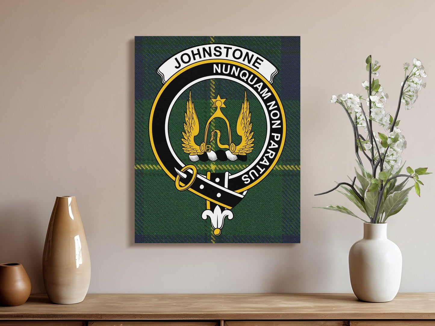 Johnstone Clan Crest Tartan Art Canvas - Celtic Ancestry Gifts