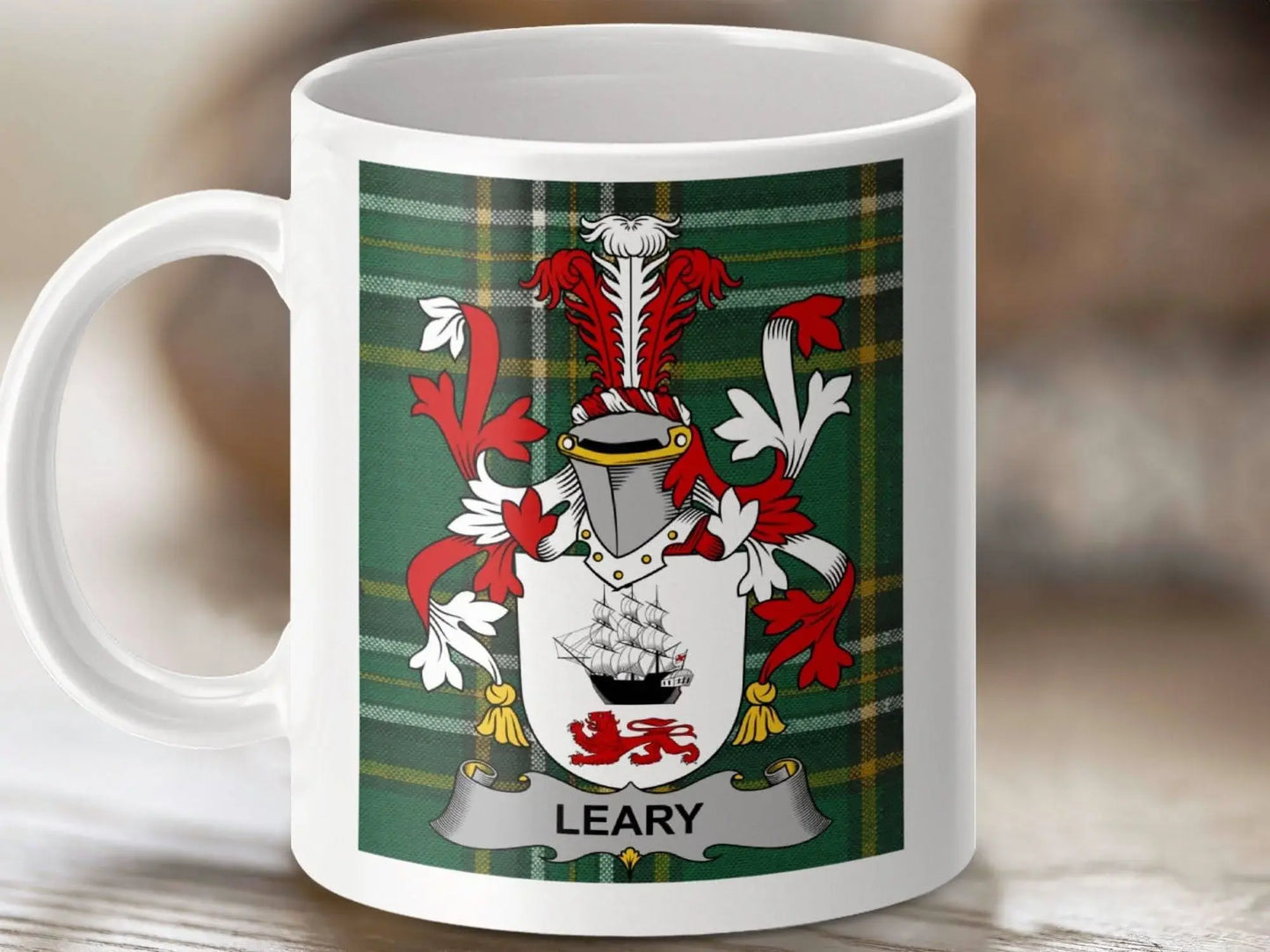 Leary Irish Surname Family Crest Irish Tartan Mug - Celtic Ancestry Gifts