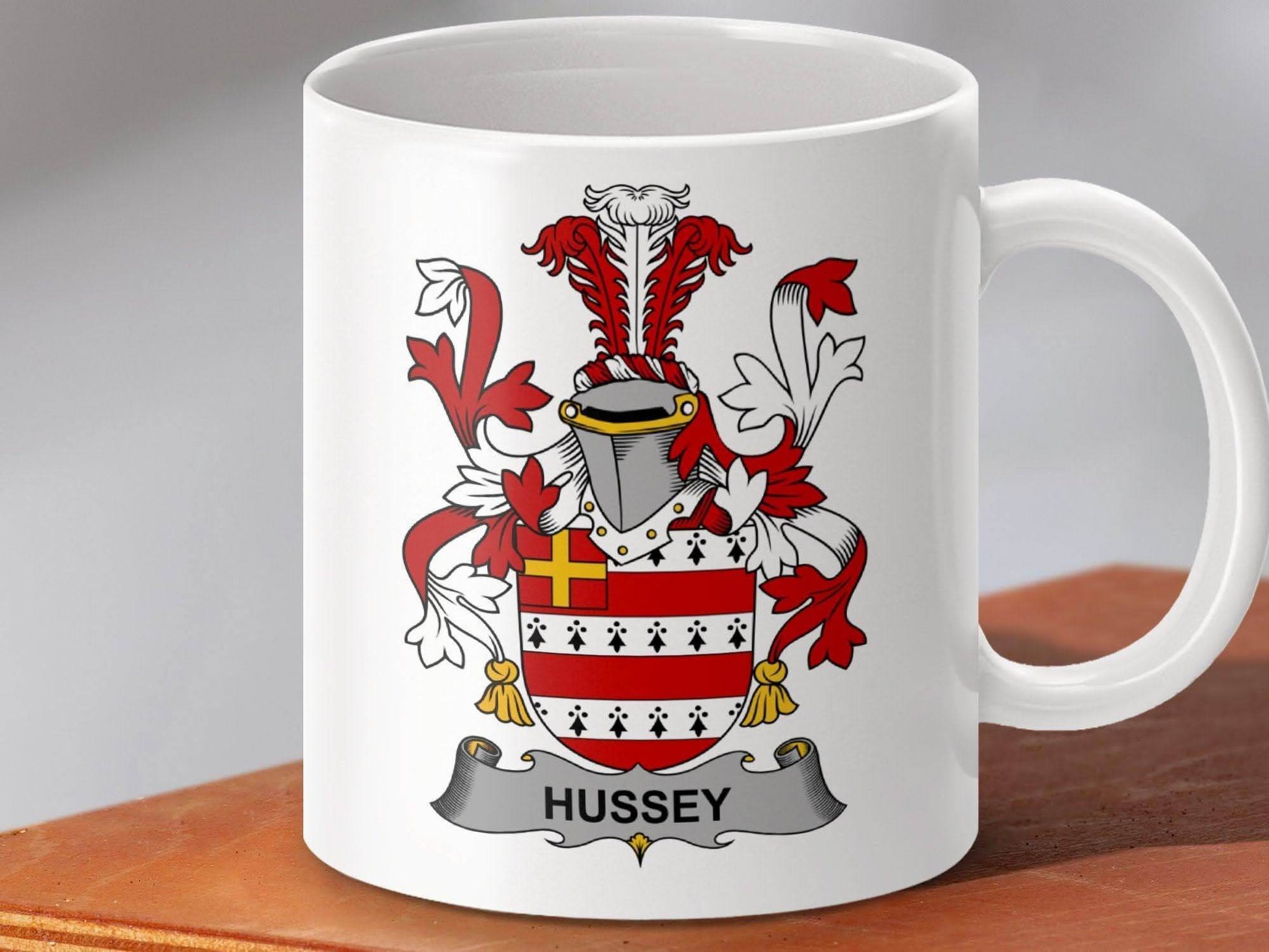 Hussey Irish Surname Family Crest Coat of Arms Mug - Celtic Ancestry Gifts