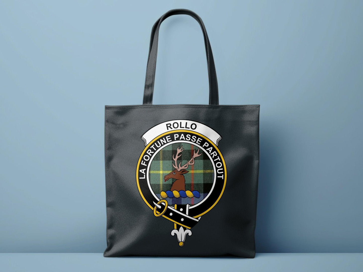 Rollo Scottish Clan Crest Tartan Tote Bags - Celtic Ancestry Gifts