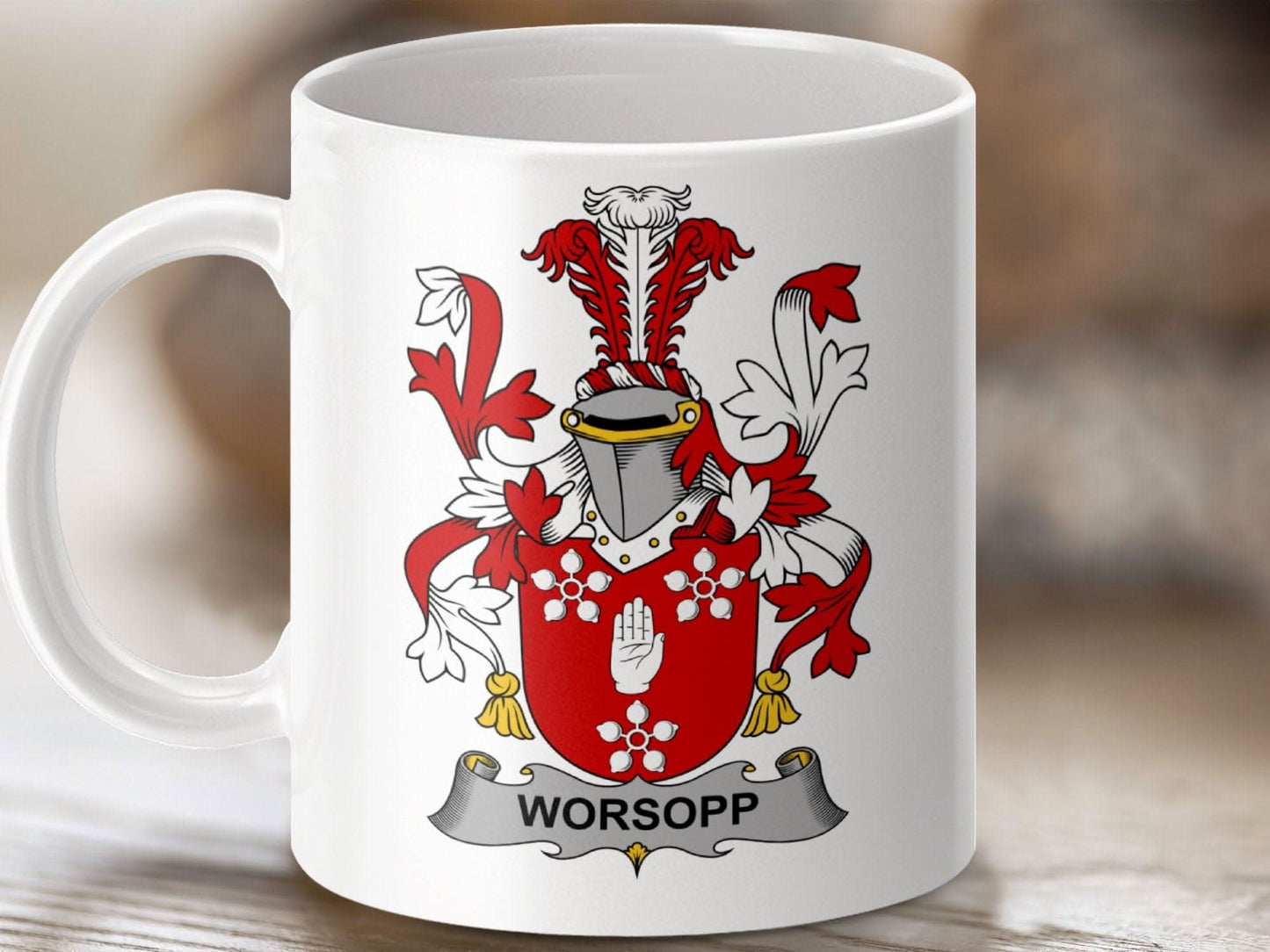 Worsopp Family Crest Coat of Arms Design Mug - Celtic Ancestry Gifts