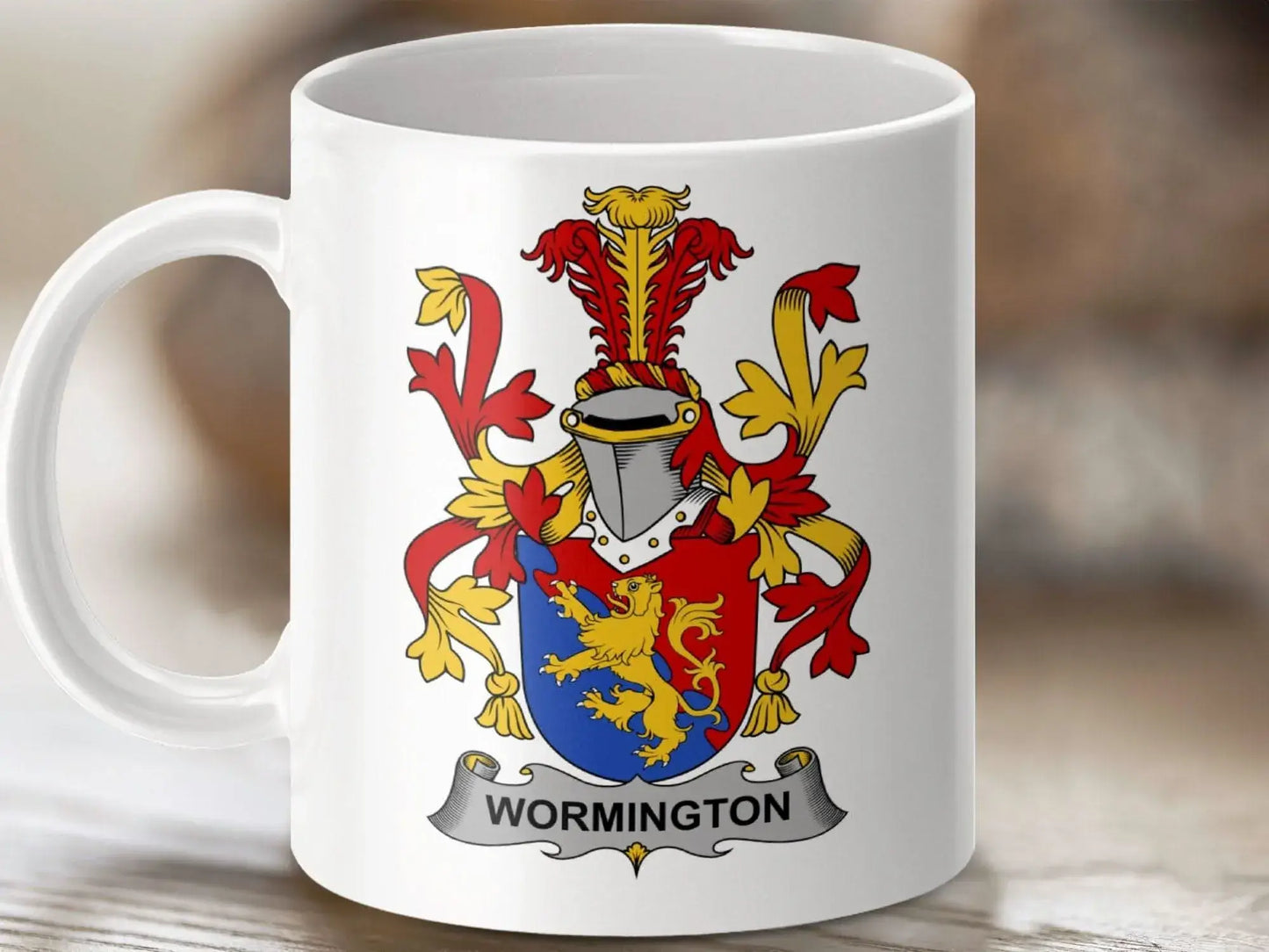 Wormington Family Crest Lion Shield Emblem Mug - Celtic Ancestry Gifts