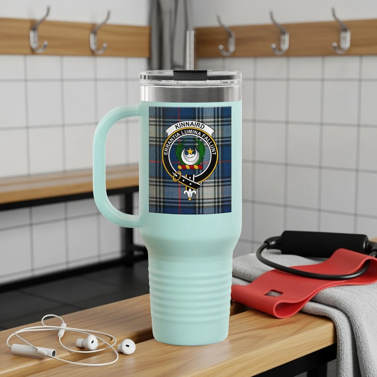 Large travel plaid design insulated mug product