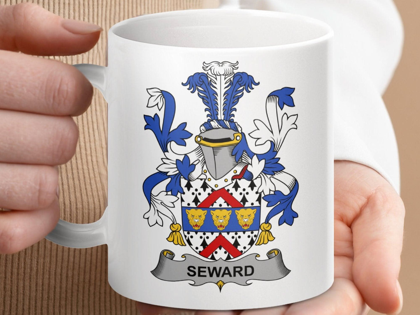 Seward Family Crest Heraldic Design Mug - Celtic Ancestry Gifts