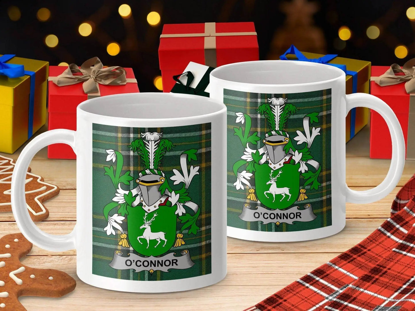 O'Connor Family Crest Irish Tartan Background Mug - Celtic Ancestry Gifts