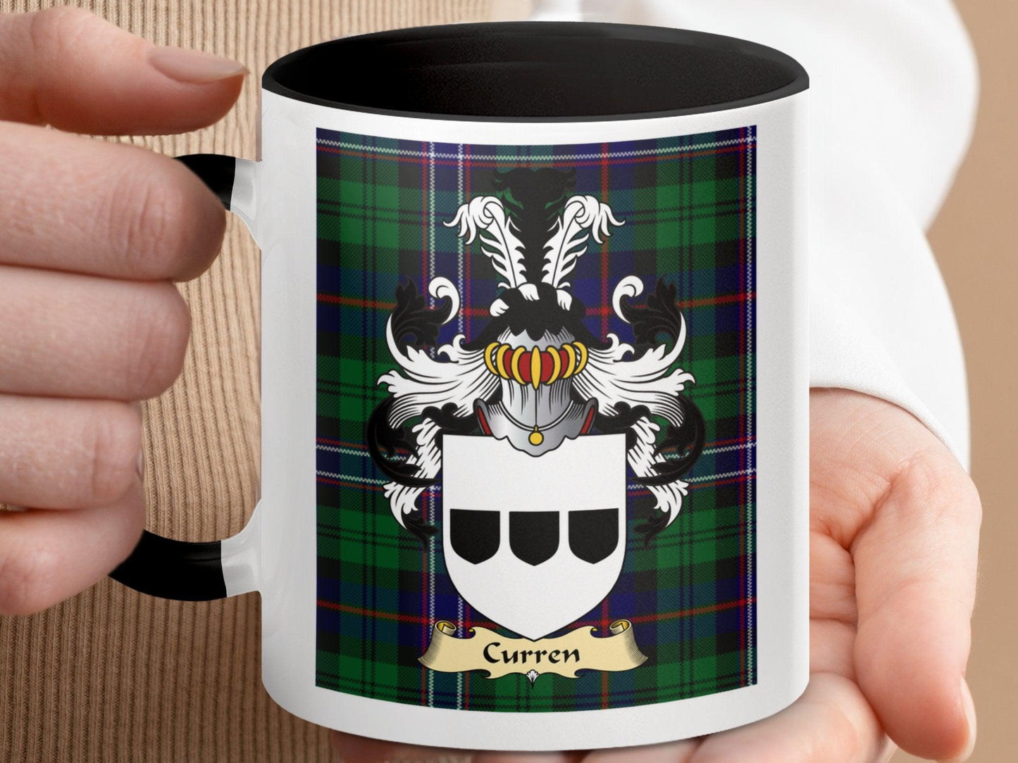 Curren Clan Coat Of Arms On Scottish Tartan T-Shirts - Celtic Ancestry Gifts