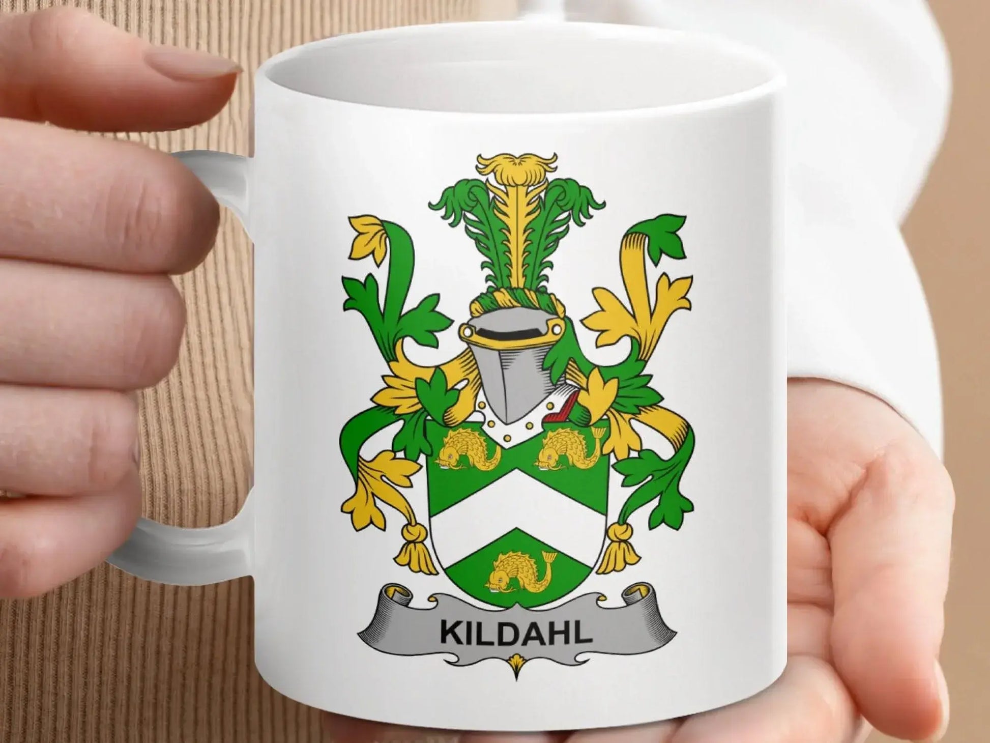 Kildahl Irish Surname Family Crest Coat of Arms Image Mug - Celtic Ancestry Gifts