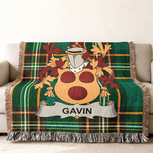 Gavin family crest on a green plaid woven blanket.