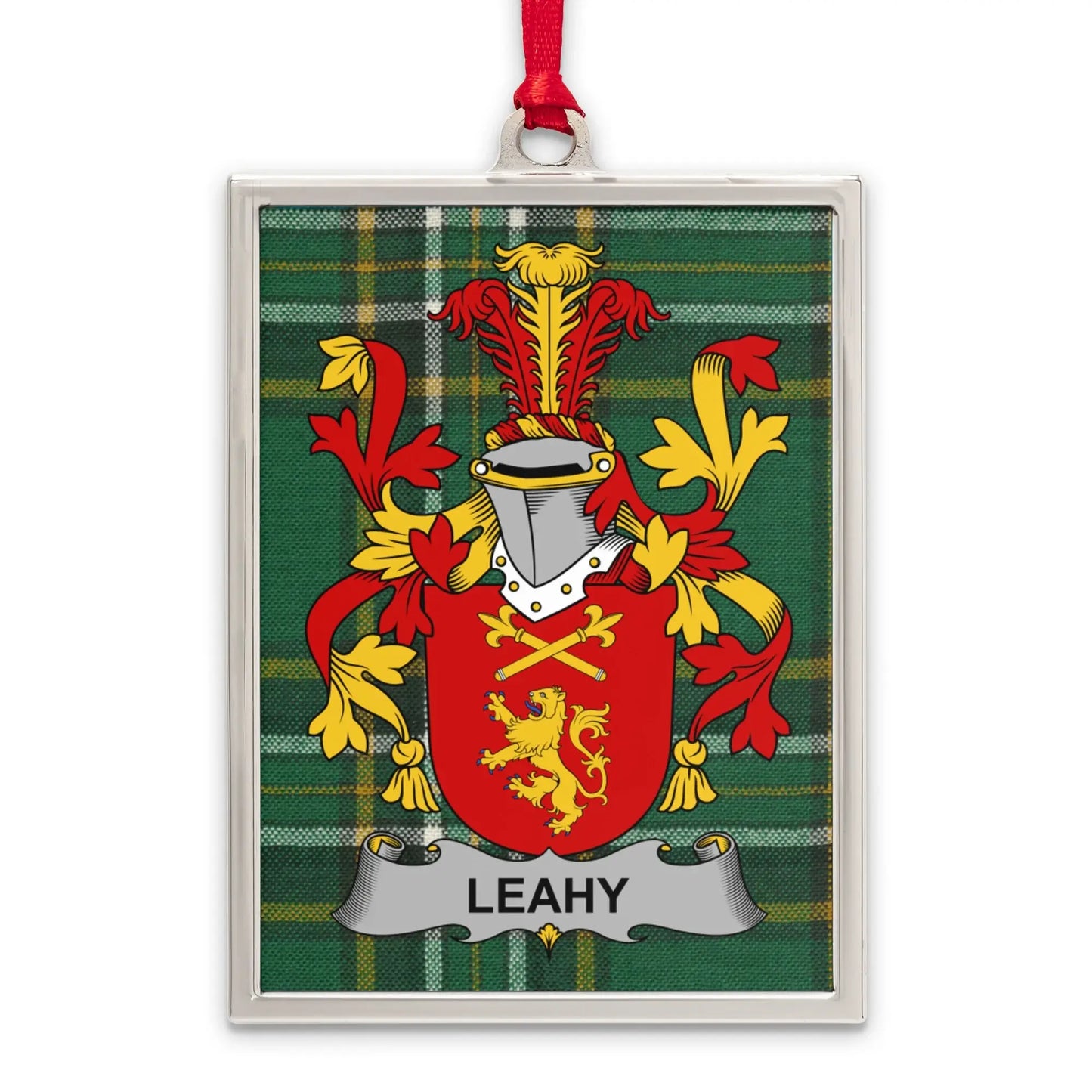 Leahy Family Crest with Shield Plaid Background product