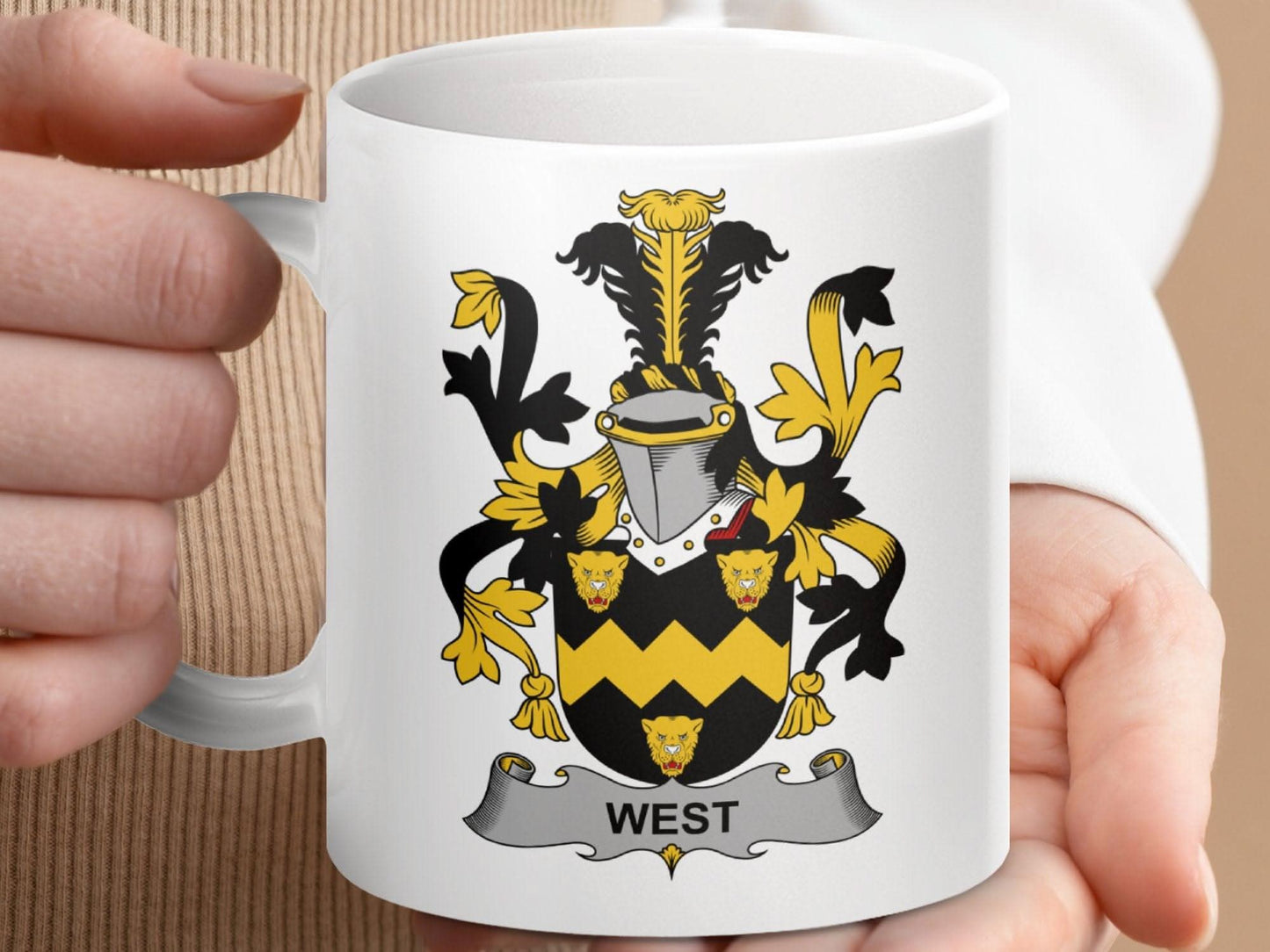 West Family Crest Shield Black Yellow Emblem Mug - Celtic Ancestry Gifts