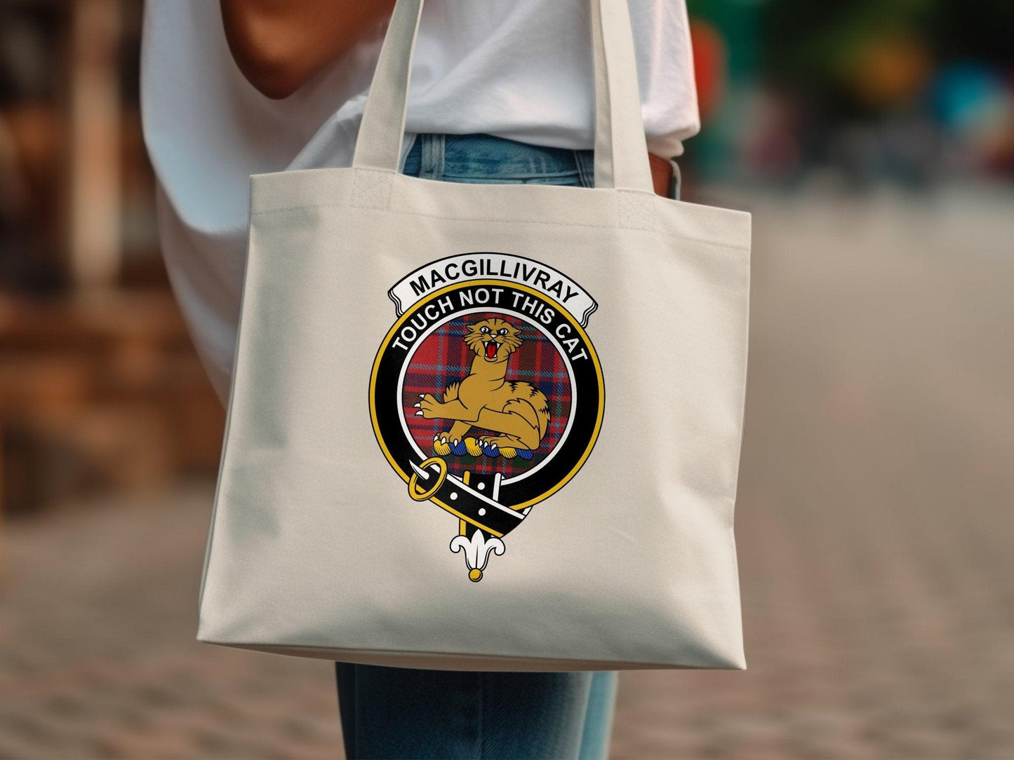 MacGillivray Touch Not This Cat Crest Tartan Tote Bags - Celtic Ancestry Gifts