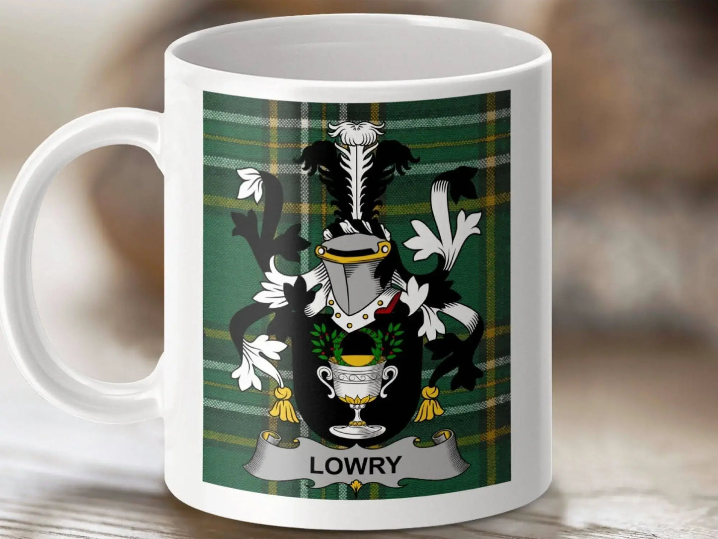 Lowry Surname Family Crest Irish Tartan Mug - Celtic Ancestry Gifts