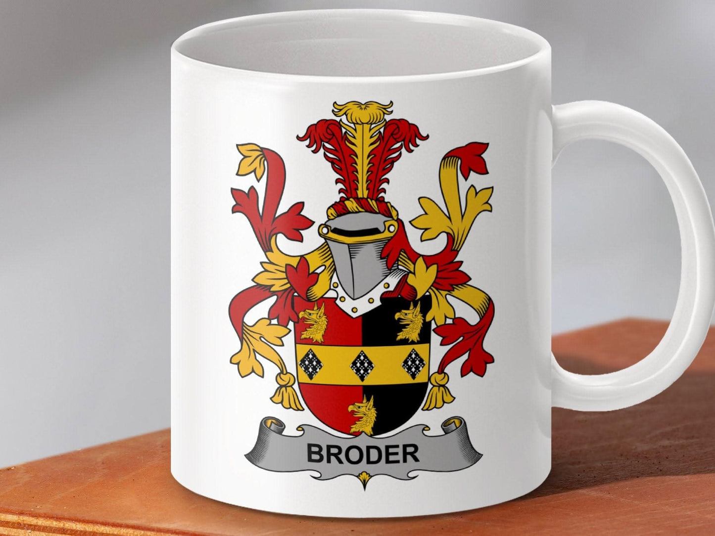 Broder Surname Irish Family Crest Design Printed Mug - Celtic Ancestry Gifts