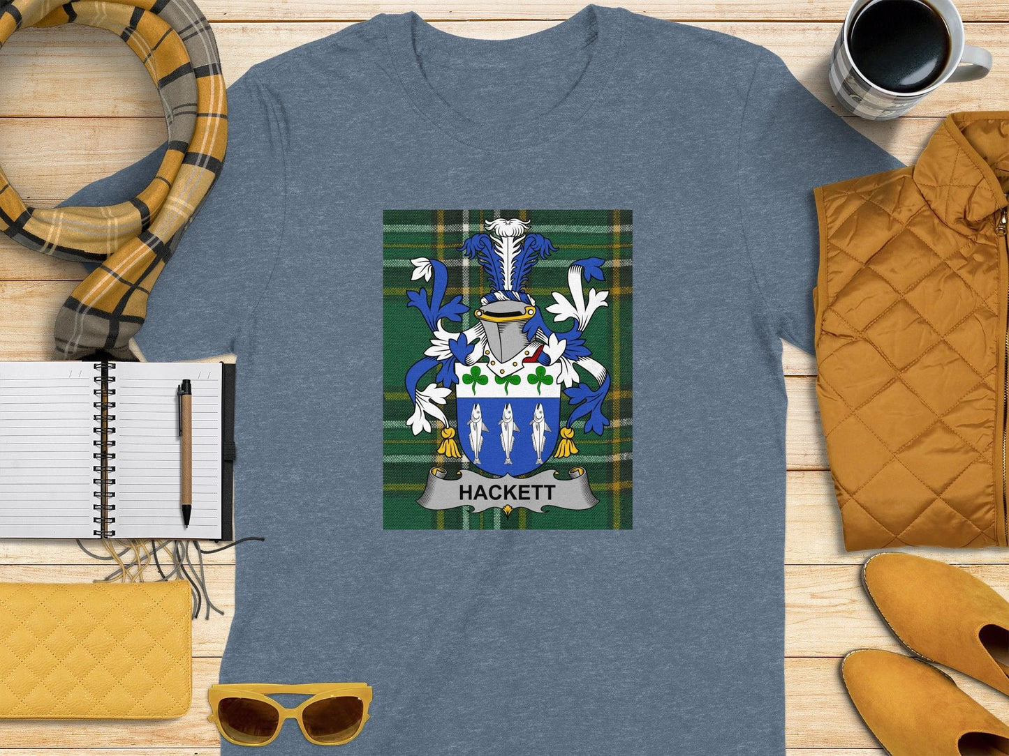 Hackett Family Crest on Irish Tartan Background T-Shirt - Celtic Ancestry Gifts