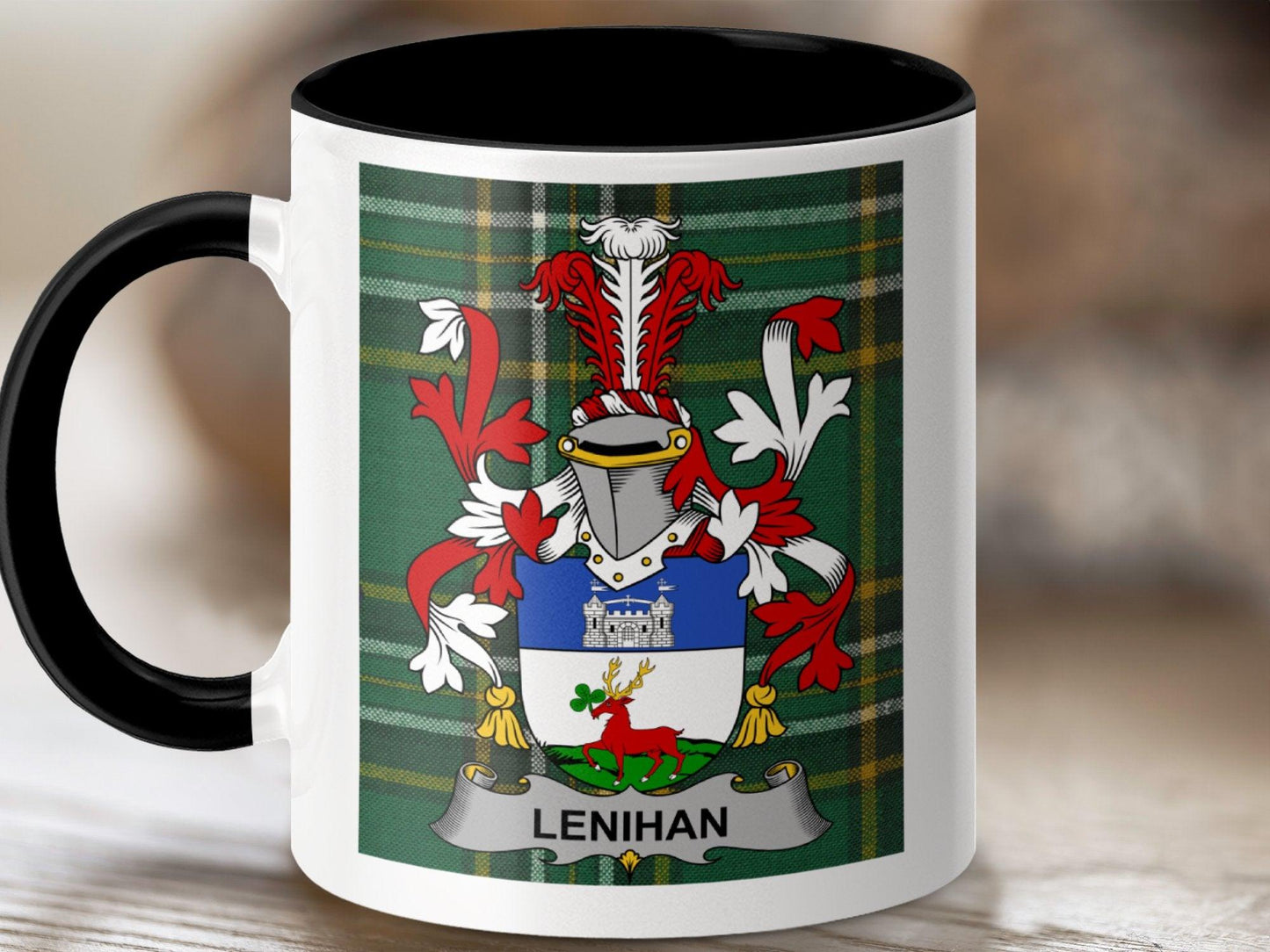 Custom Lenihan Family Crest Mug, Personalized Scottish Clan Coffee Cup, Tartan Plaid Ceramic Mug for Heritage Gifts
