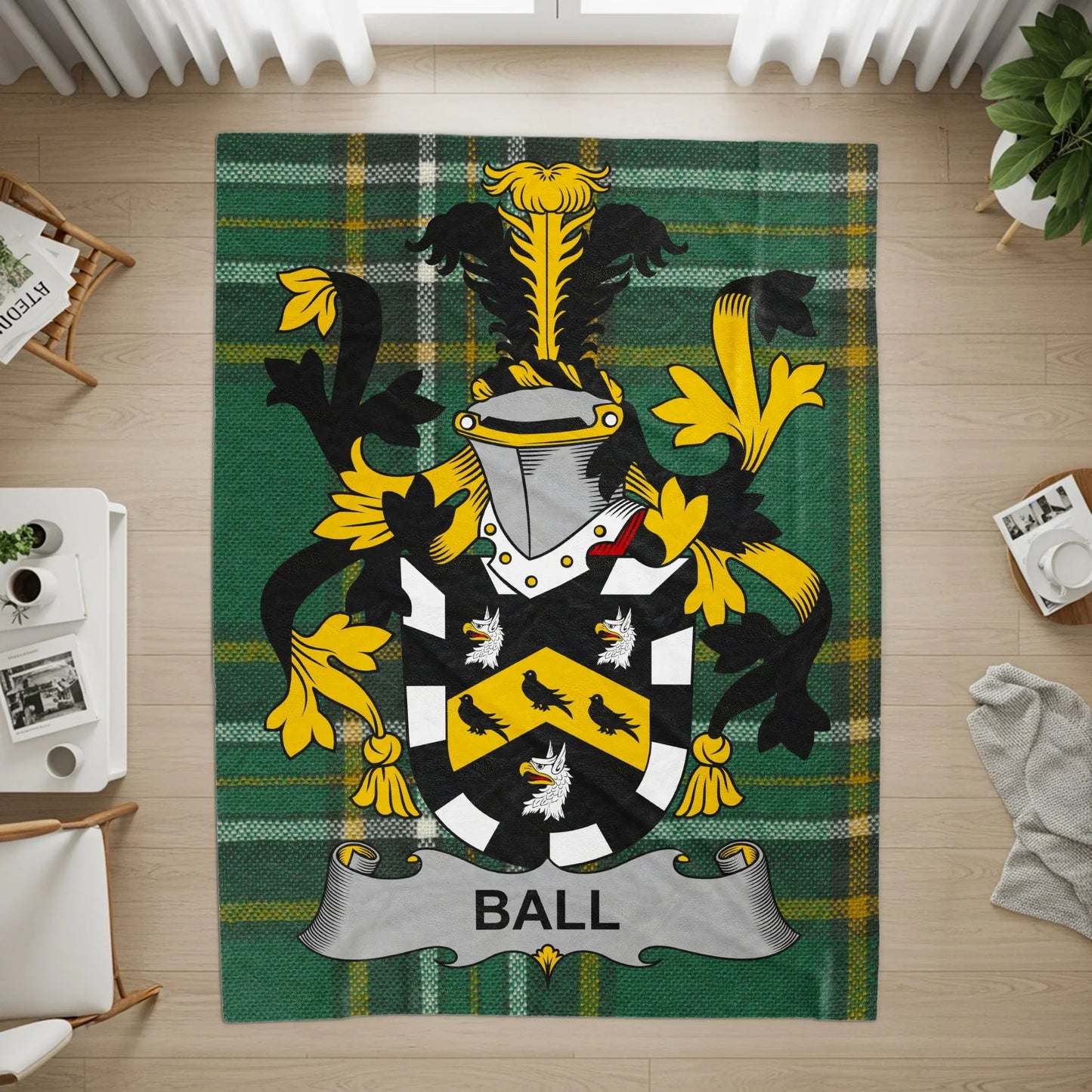 Family Crest Emblem Design Over Plaid Pattern Rug product type