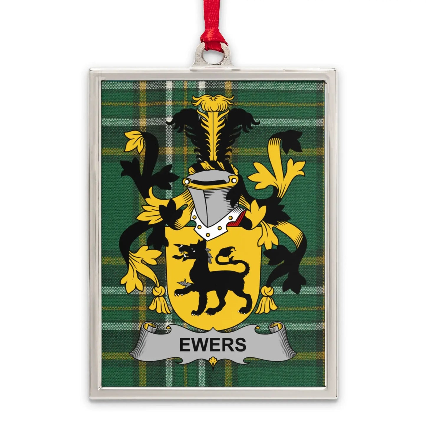 Ewers Family Crest Green Tartan Background Ornament product