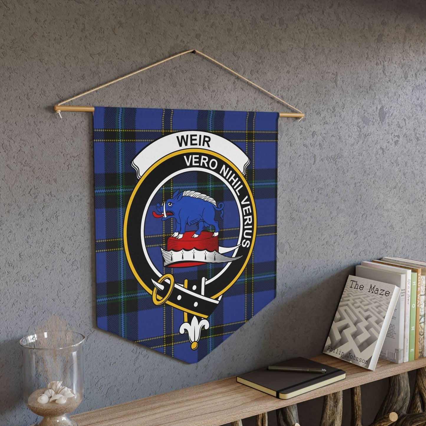 Weir Family Crest on Blue Scottish Tartan Wall Pennant - Celtic Ancestry Gifts