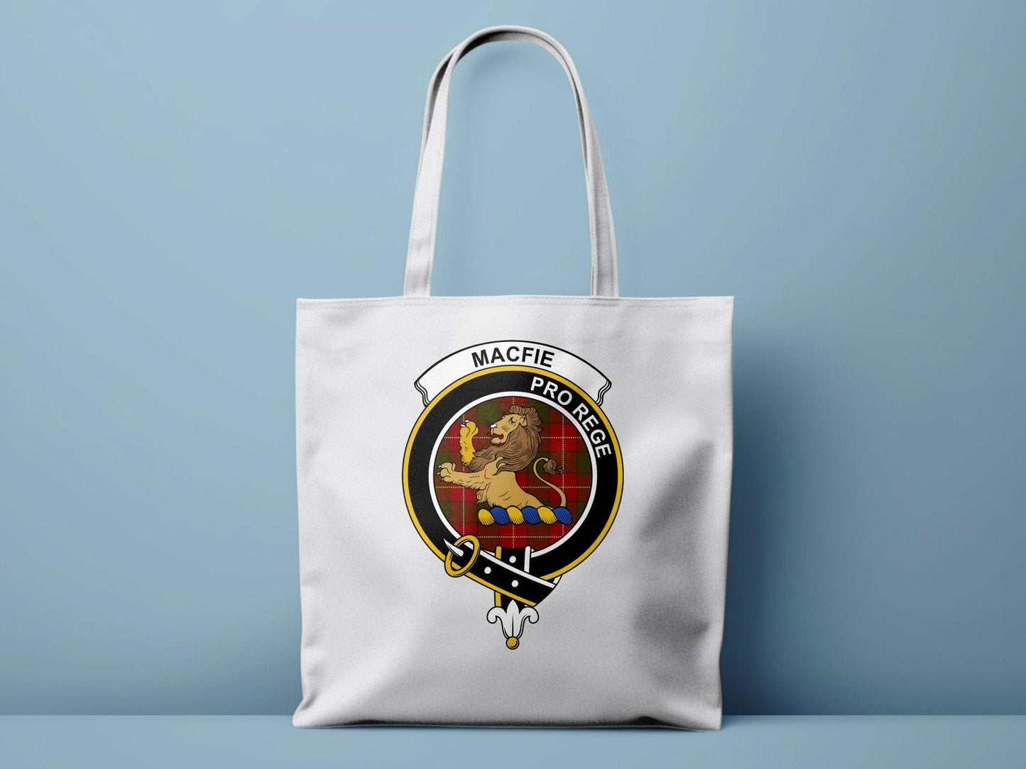 Macfie Clan Crest Tote Bag, Scottish Heritage Canvas Shopper, Pro Rege Tartan Colors, Durable Grocery Bag with Coat of Arms Design