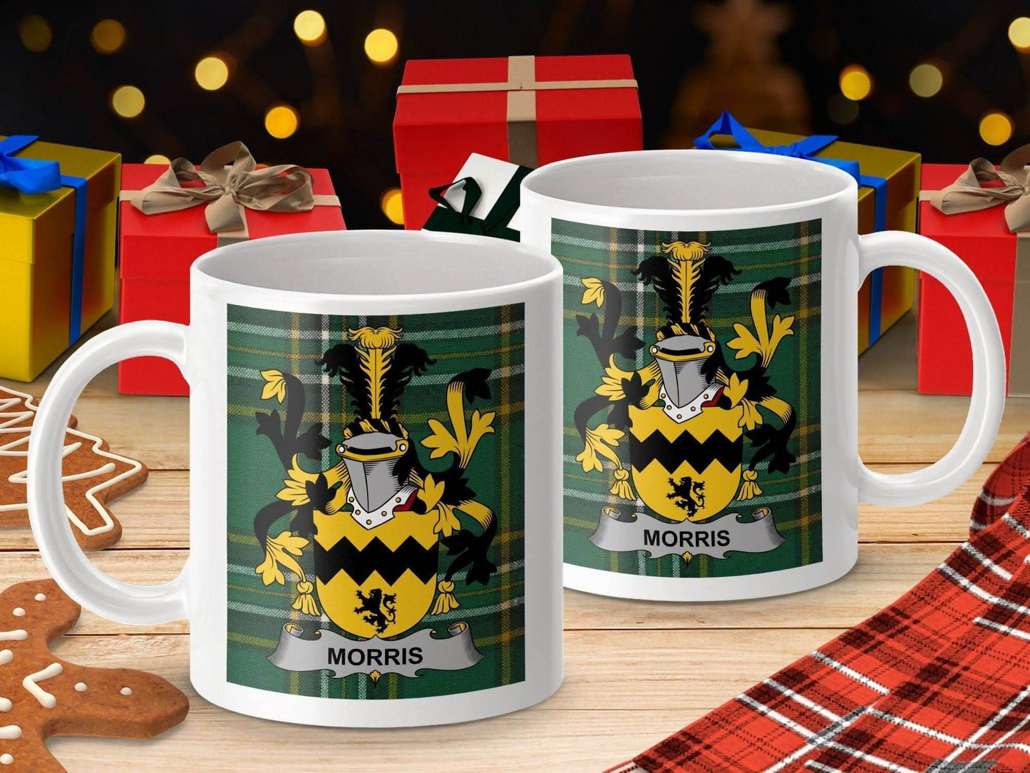 Morris Family Crest Irish Tartan Background Mug - Celtic Ancestry Gifts