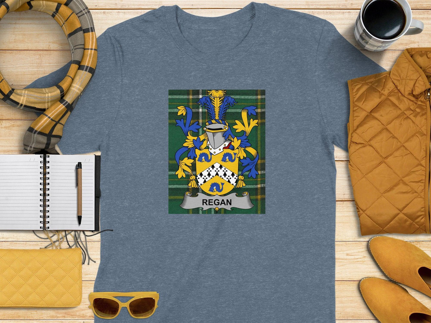 Regan Family Crest on Irish National Tartan T-Shirt - Celtic Ancestry Gifts