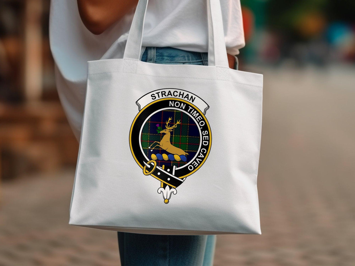 Strachan Scottish Clan Crest Tartan Tote Bags - Celtic Ancestry Gifts