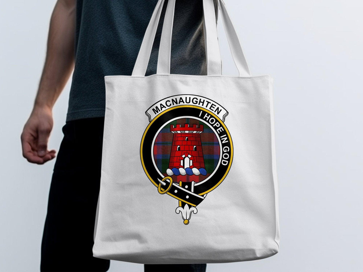 MacNaughten Hope In God Clan Crest Tartan Tote Bags - Celtic Ancestry Gifts